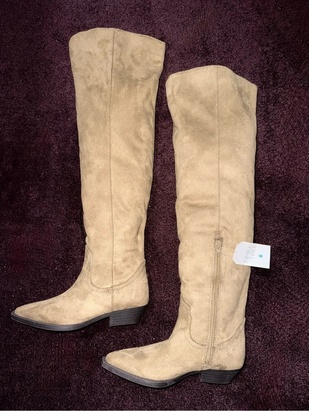 Time and Tru Womens Western OTK Boots Size 6 Taupe Faux Suede Cowboy NWT